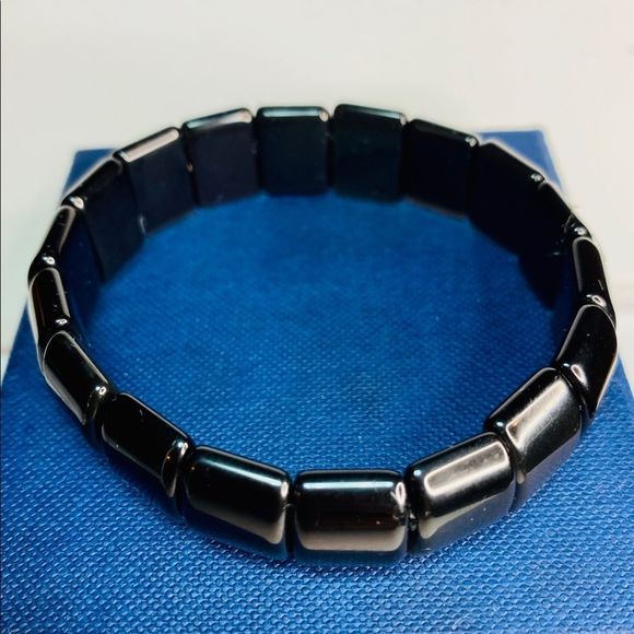 Black Rainbow Obsidian Square Tile Stretch Bracelet - Picture 4 of 9